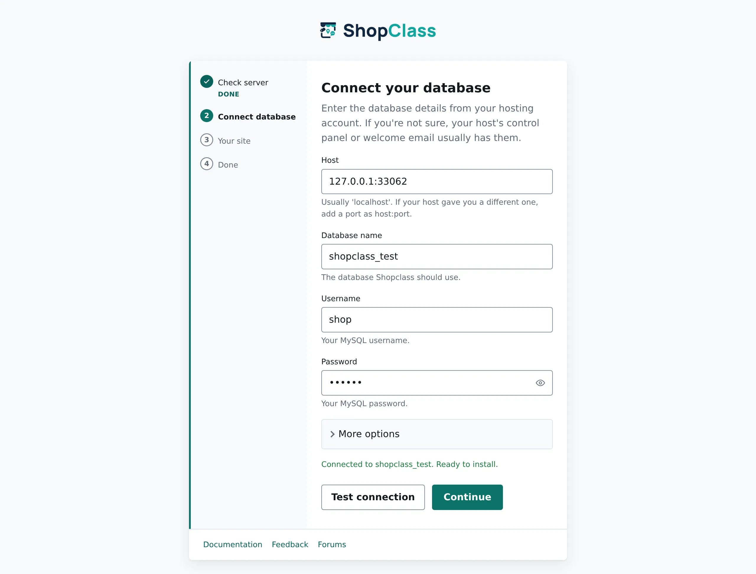 The installer’s database step: host, name, user, password and table prefix fields above a Test connection button.