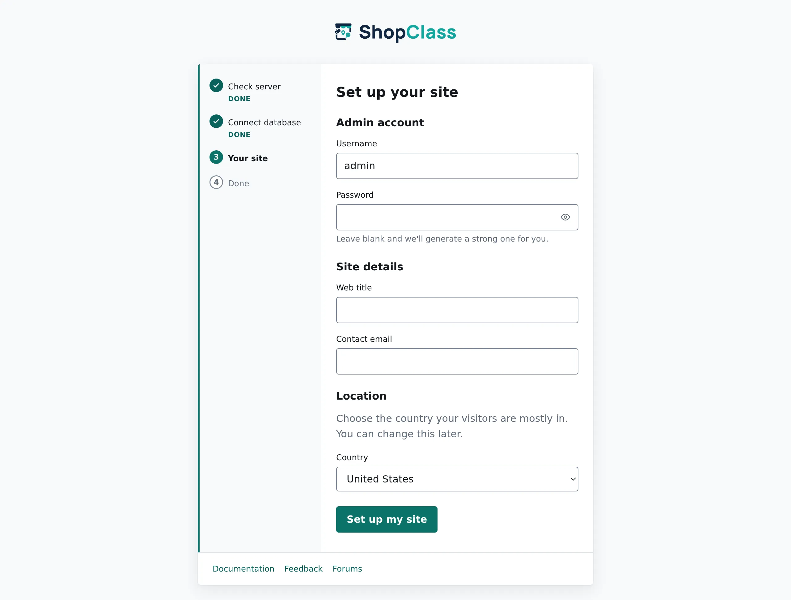The installer’s site step: admin username and password, site title, contact e-mail and country.
