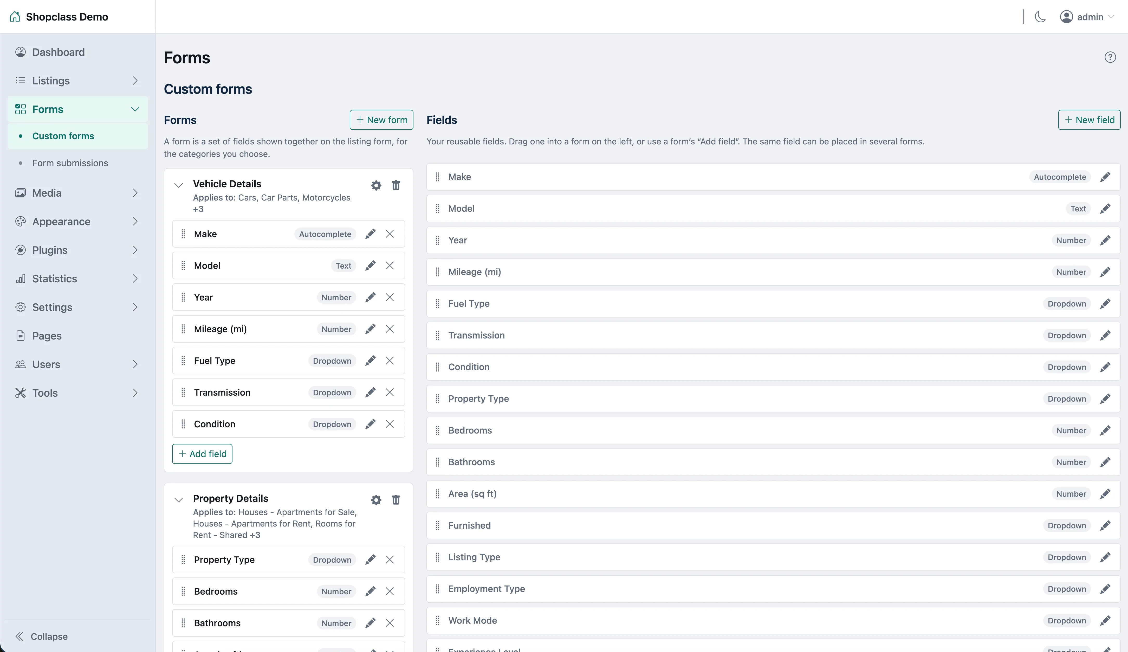 The ShopClass custom-forms builder: a Vehicle Details form of typed fields beside a panel of reusable fields like Make, Model, Year and Fuel Type.