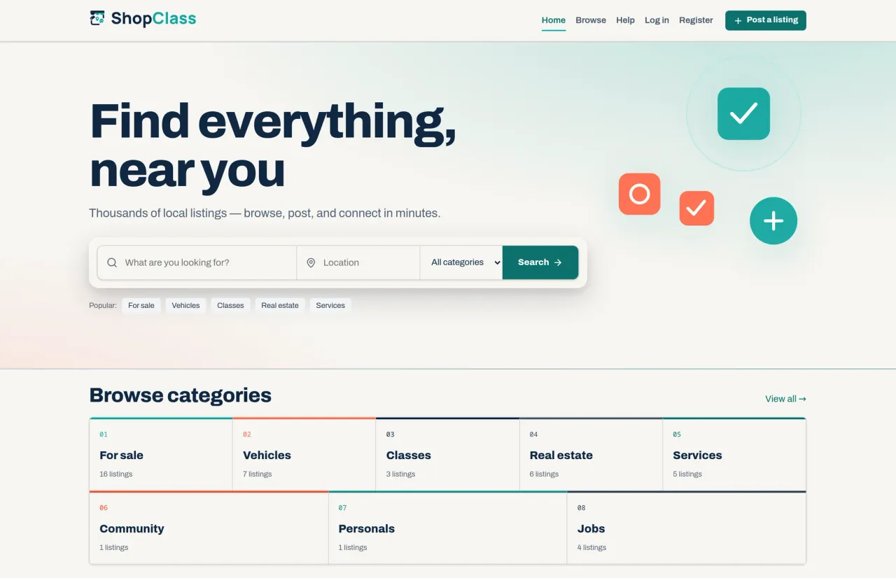 A ShopClass classifieds site in the Storefront theme.