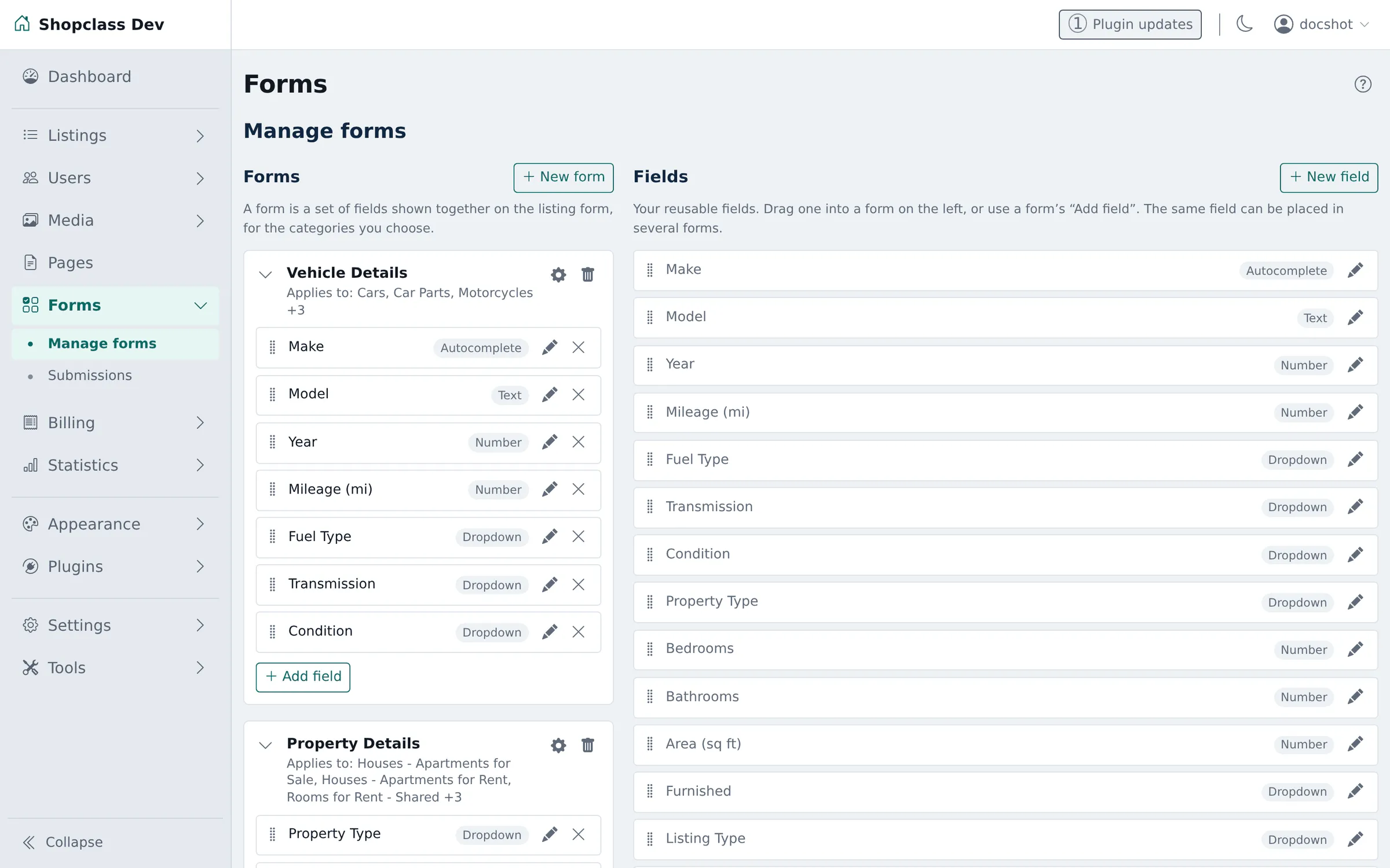 The Forms admin screen: a Vehicle Details form on the left holding Make, Model, Year, Mileage, Fuel Type, Transmission and Condition, beside a panel of reusable fields on the right.