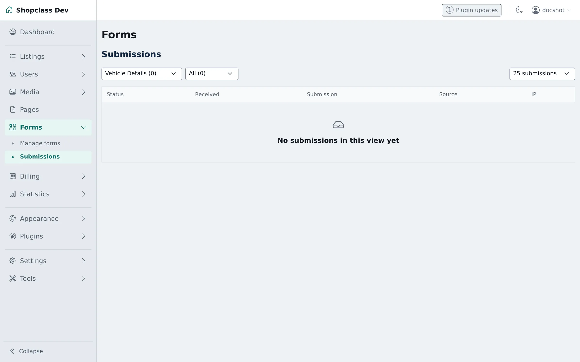 The Submissions screen, listing responses to a form with their status and the date received.
