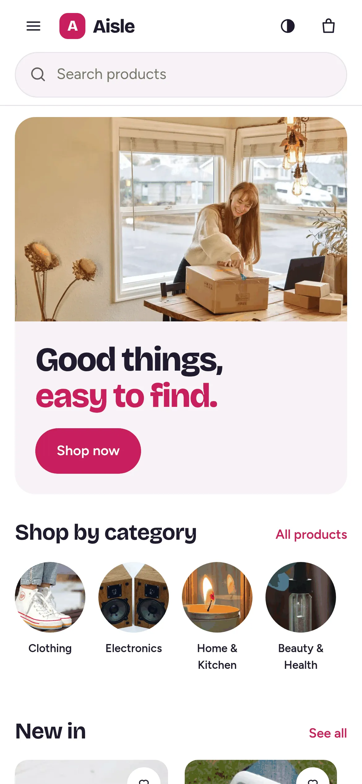 Aisle's home page on a phone.