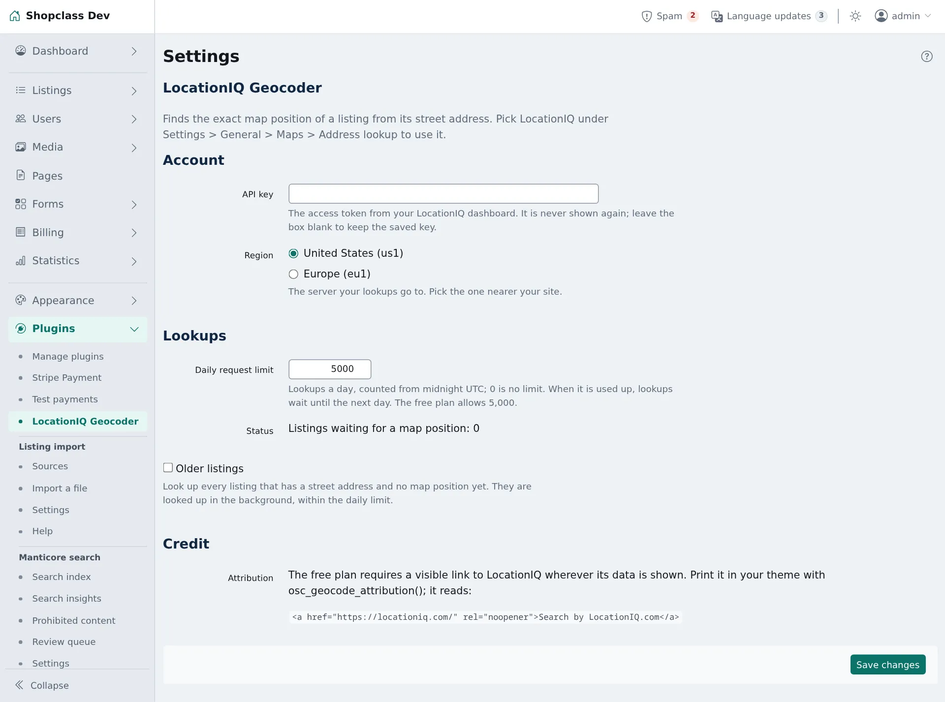 API key, region, daily limit, lookup status and the older-listings queue