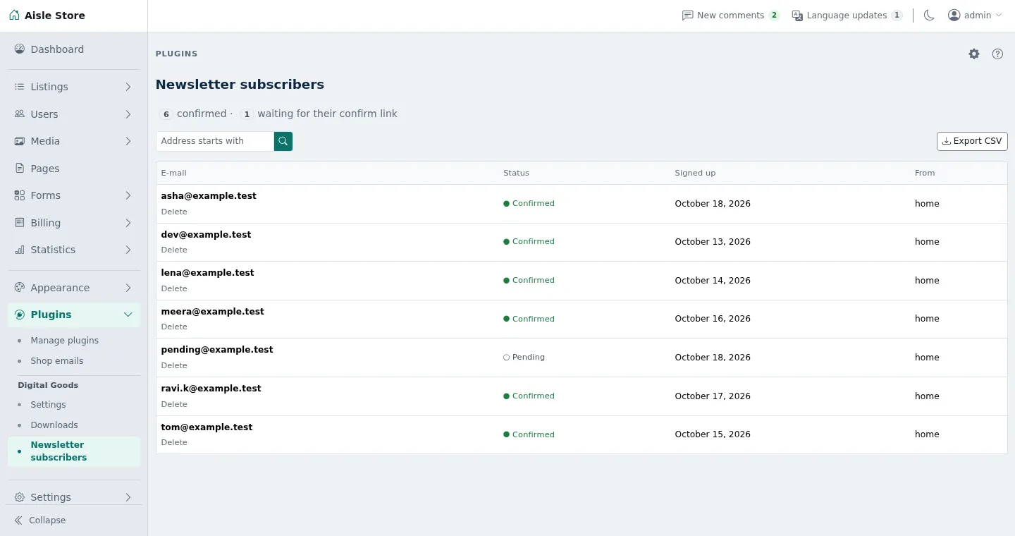 The newsletter subscribers screen