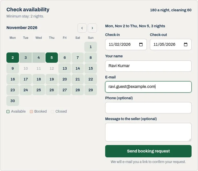 Booking nights on a listing: calendar, chosen stay and request form