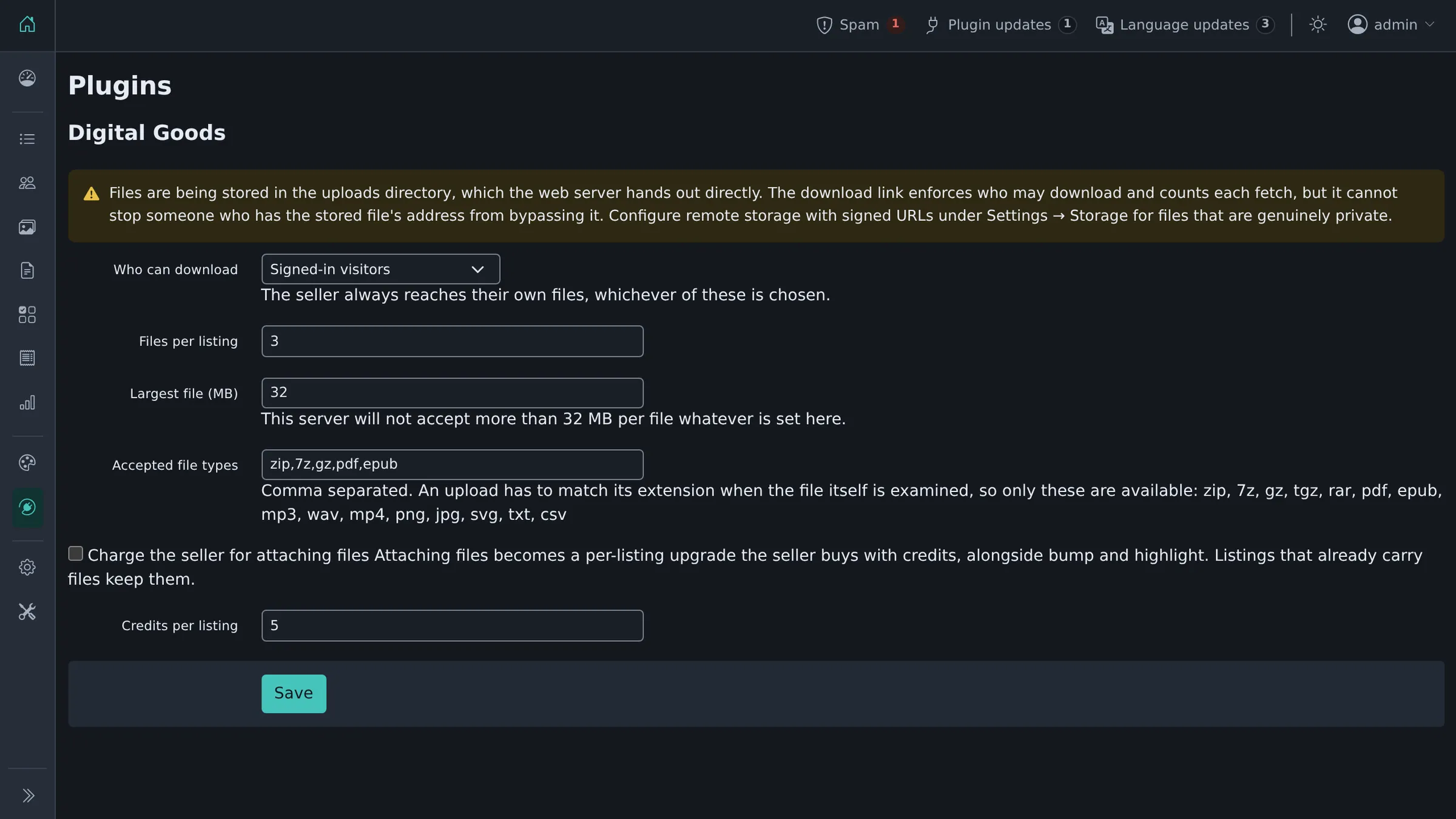 Who can download, file limits, and charging sellers for attachments