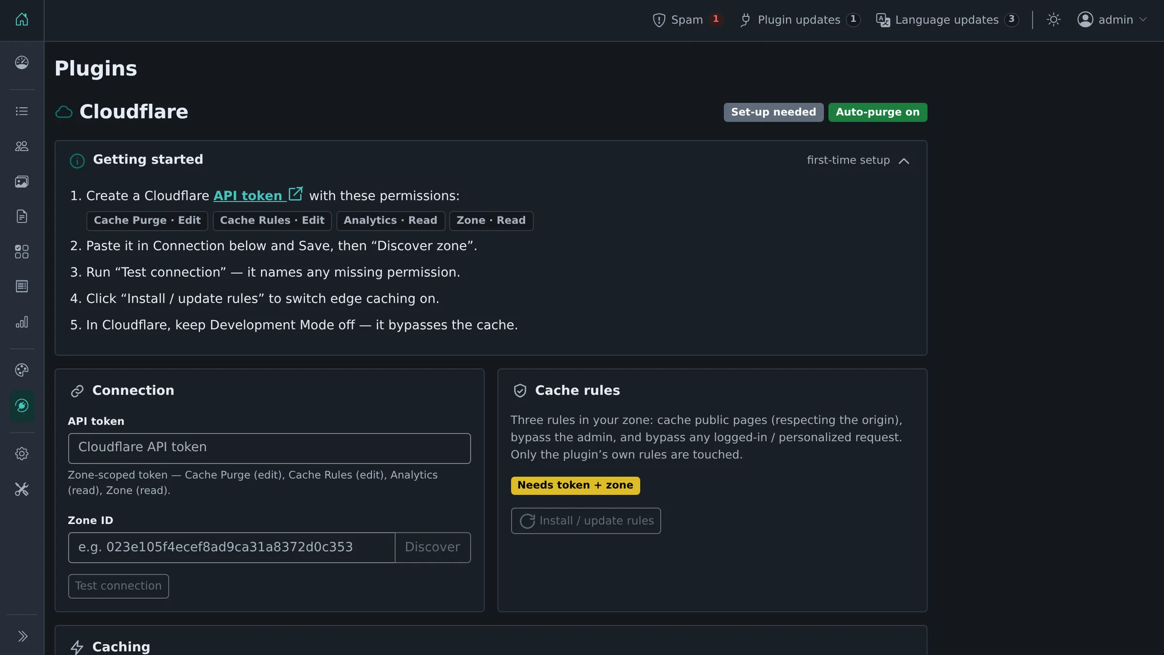 Connection, cache rules and purging, with first-time setup steps