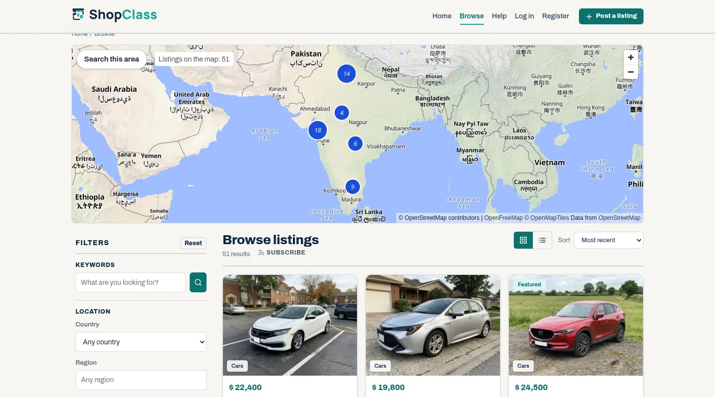 The map above the search results