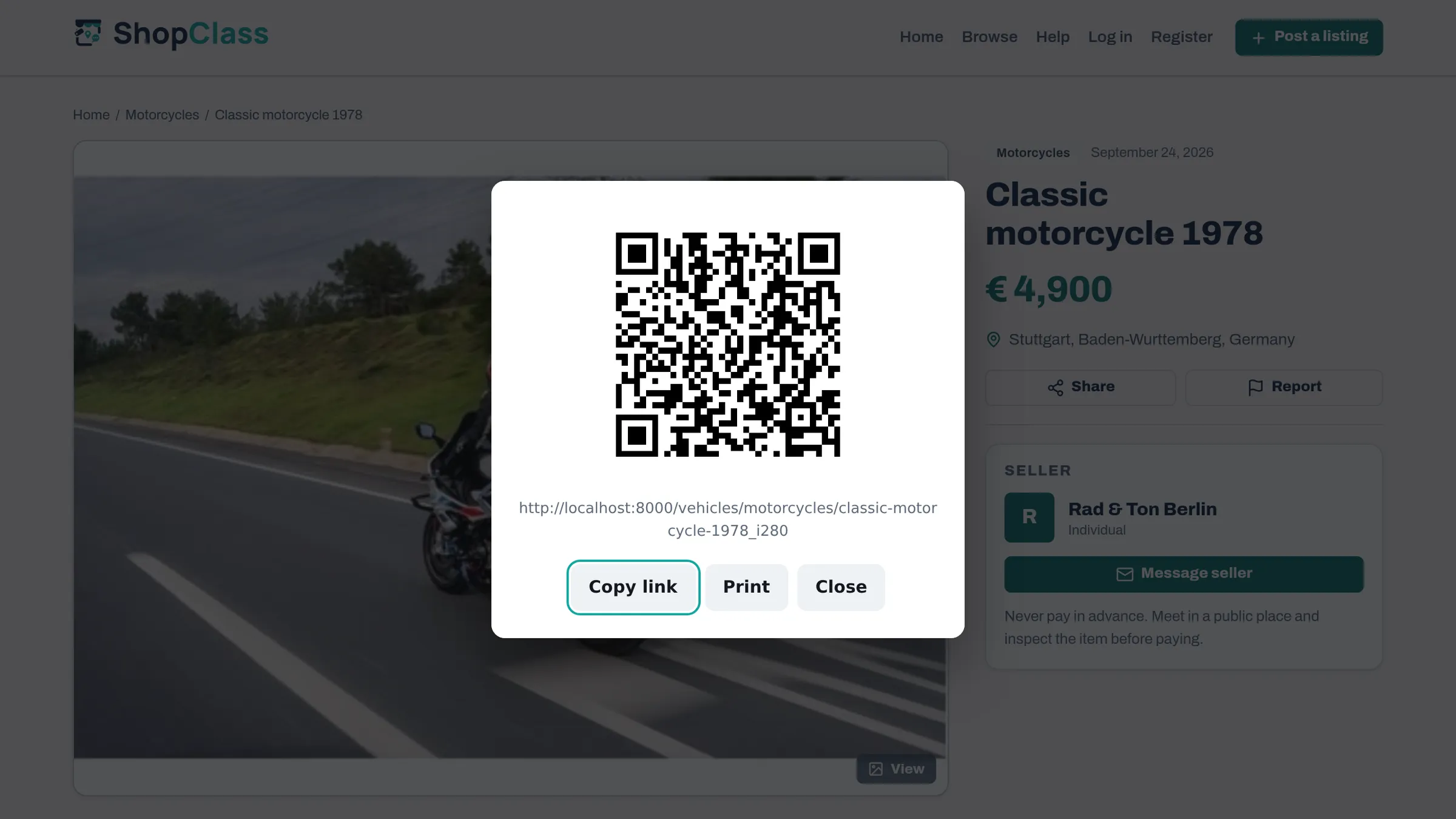 A listing's QR code, ready to scan, copy or print