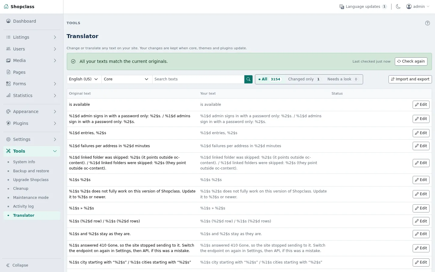 Tools › Translator: search a text and change it