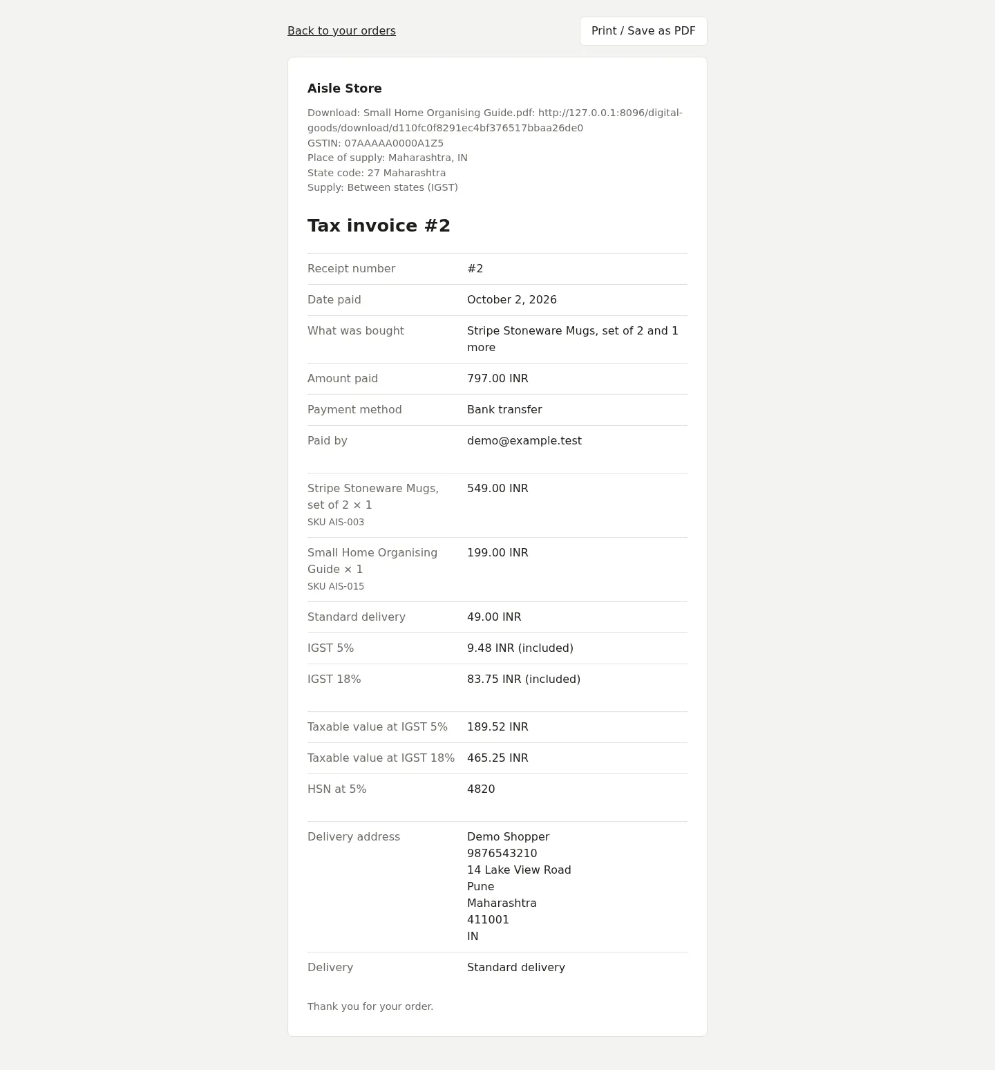 A tax invoice with IGST, GSTIN and HSN