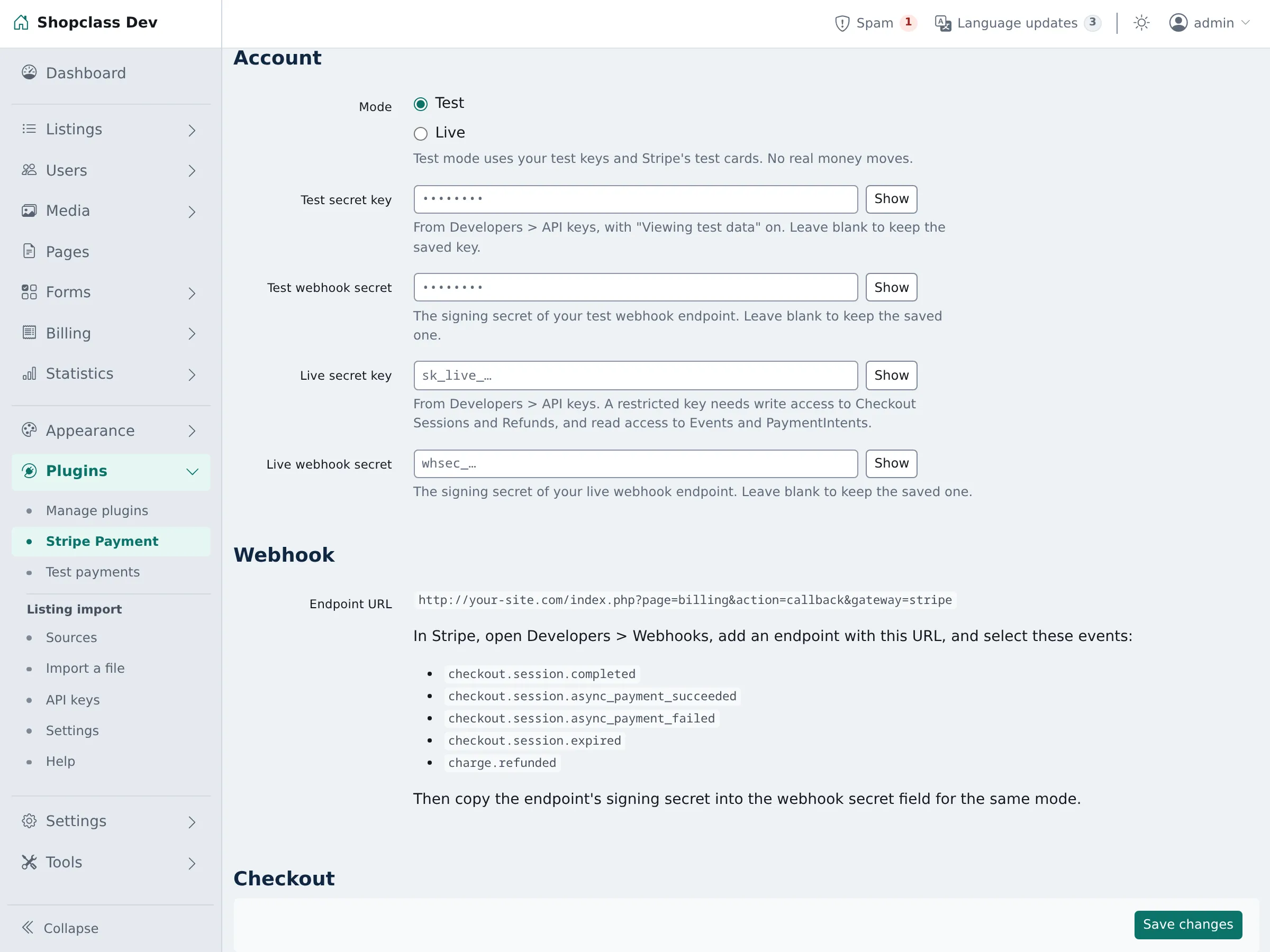 Test and live keys, and the webhook to add in Stripe