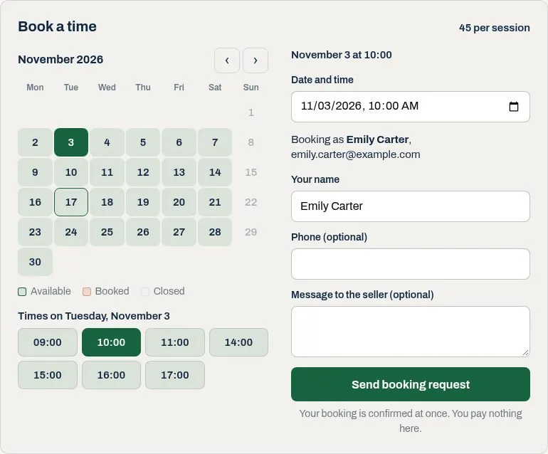 Booking a time slot, confirmed at once