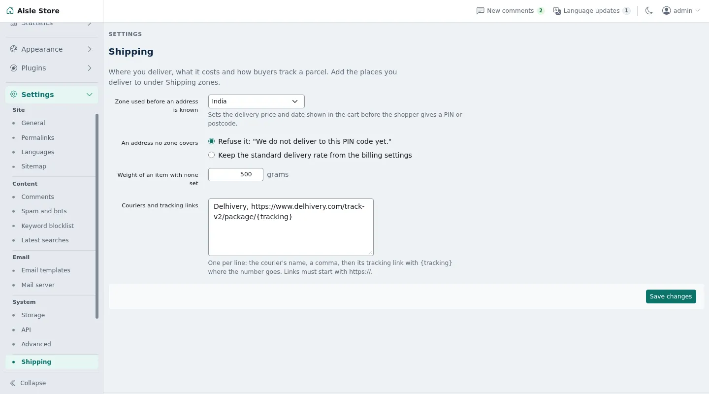Shipping settings