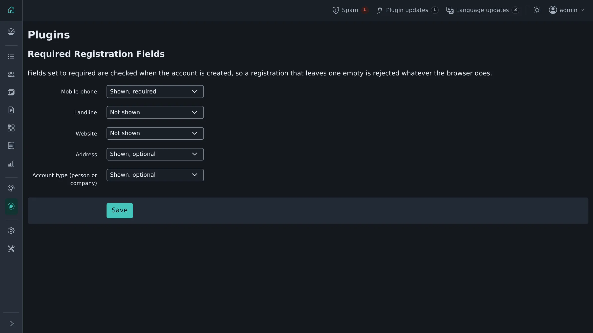Choose which fields registration shows, and which are required
