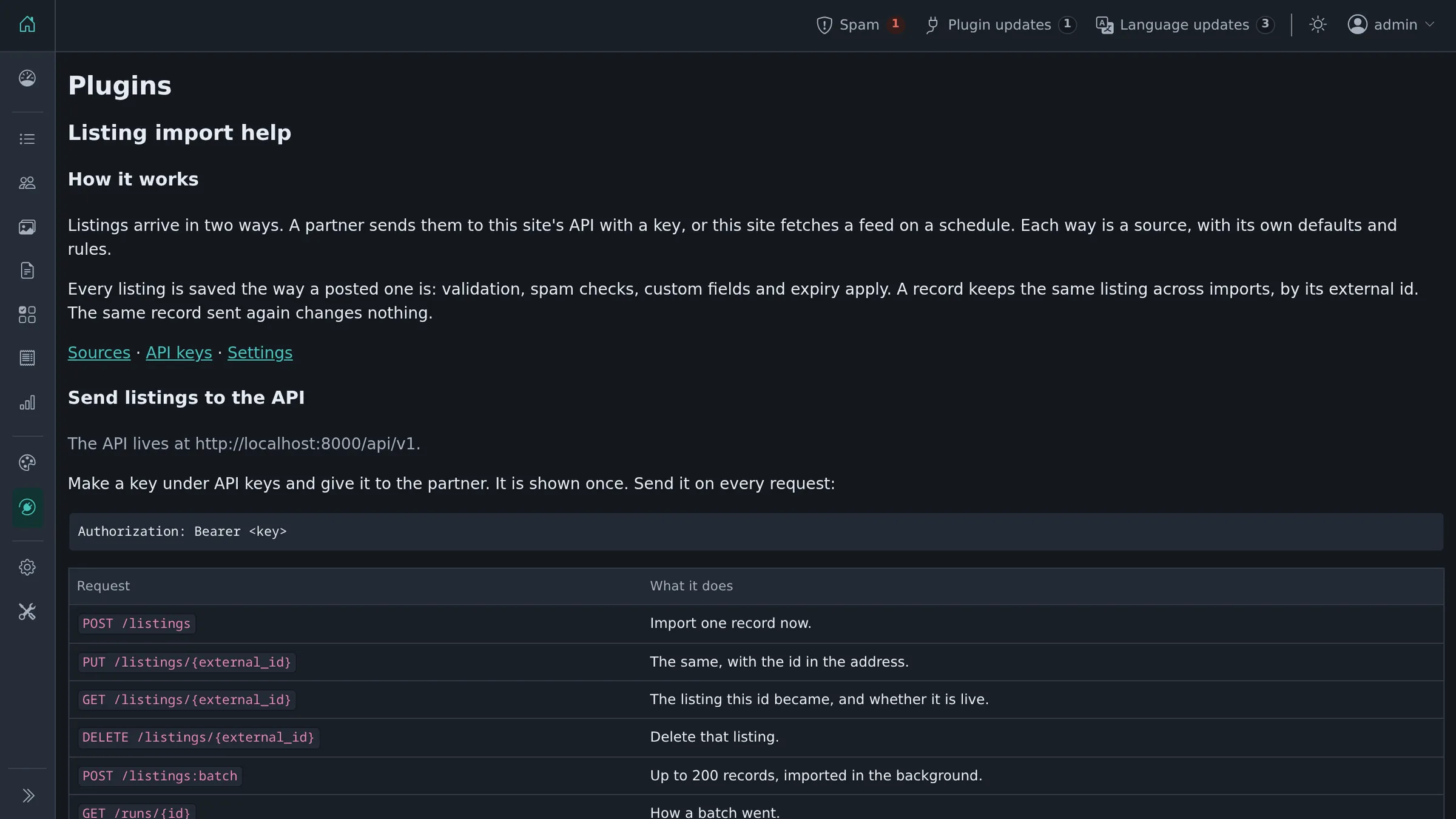 A help screen with the API guide