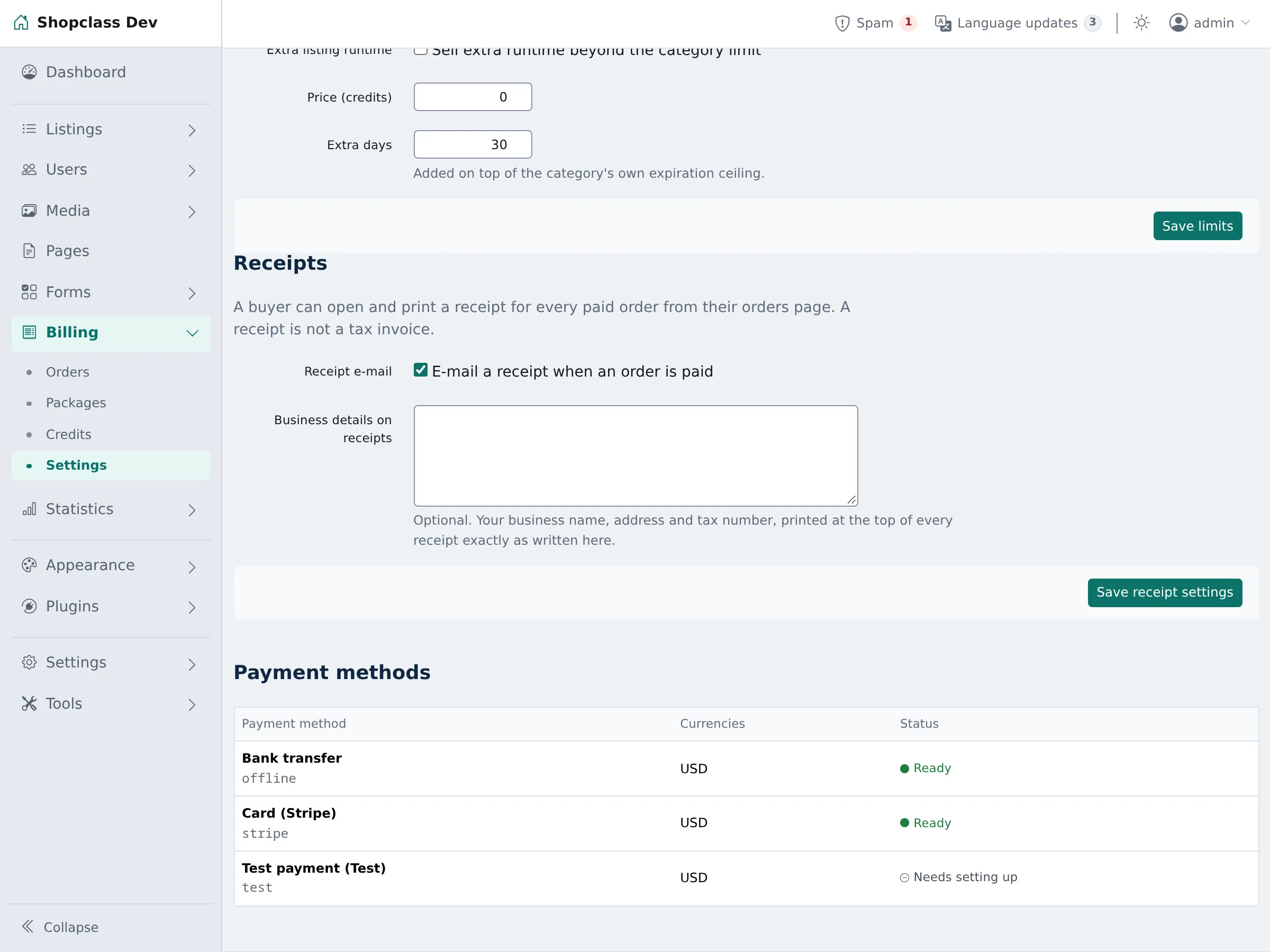 Stripe ready under Billing settings