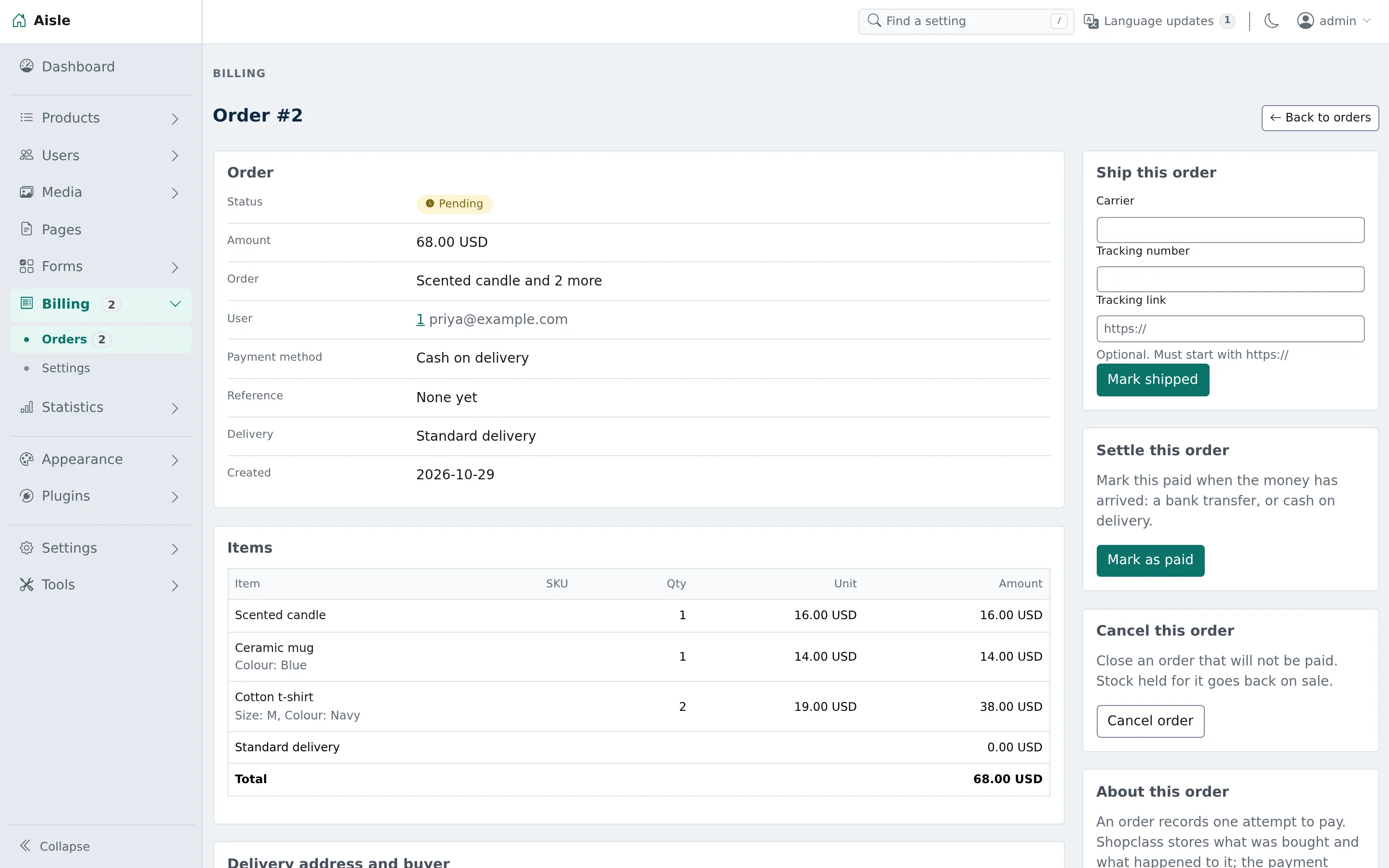 The order in the ShopClass admin, with its items, and Ship this order with carrier and tracking fields.
