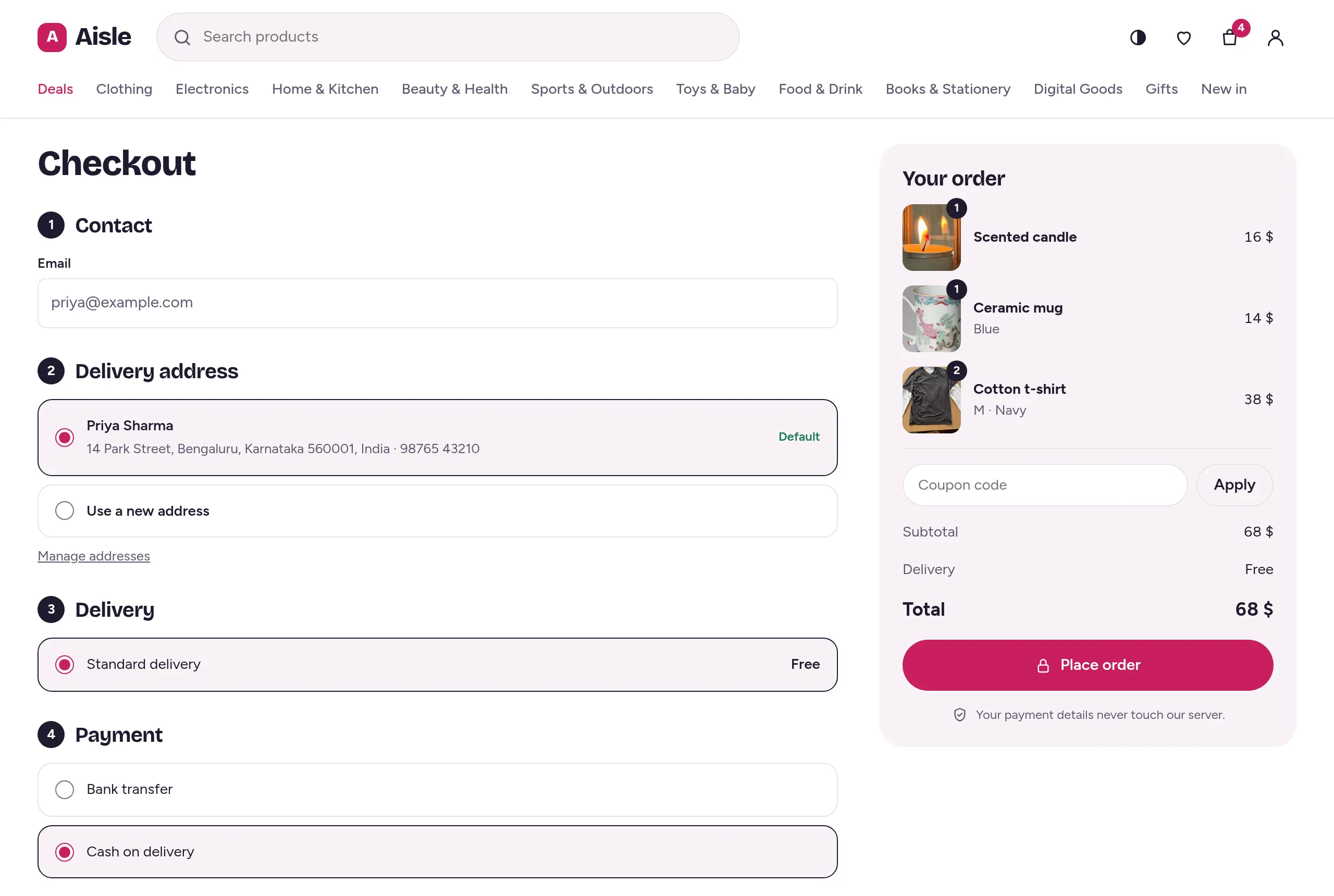 The checkout: contact, delivery address, and the order summary with a Place order button.