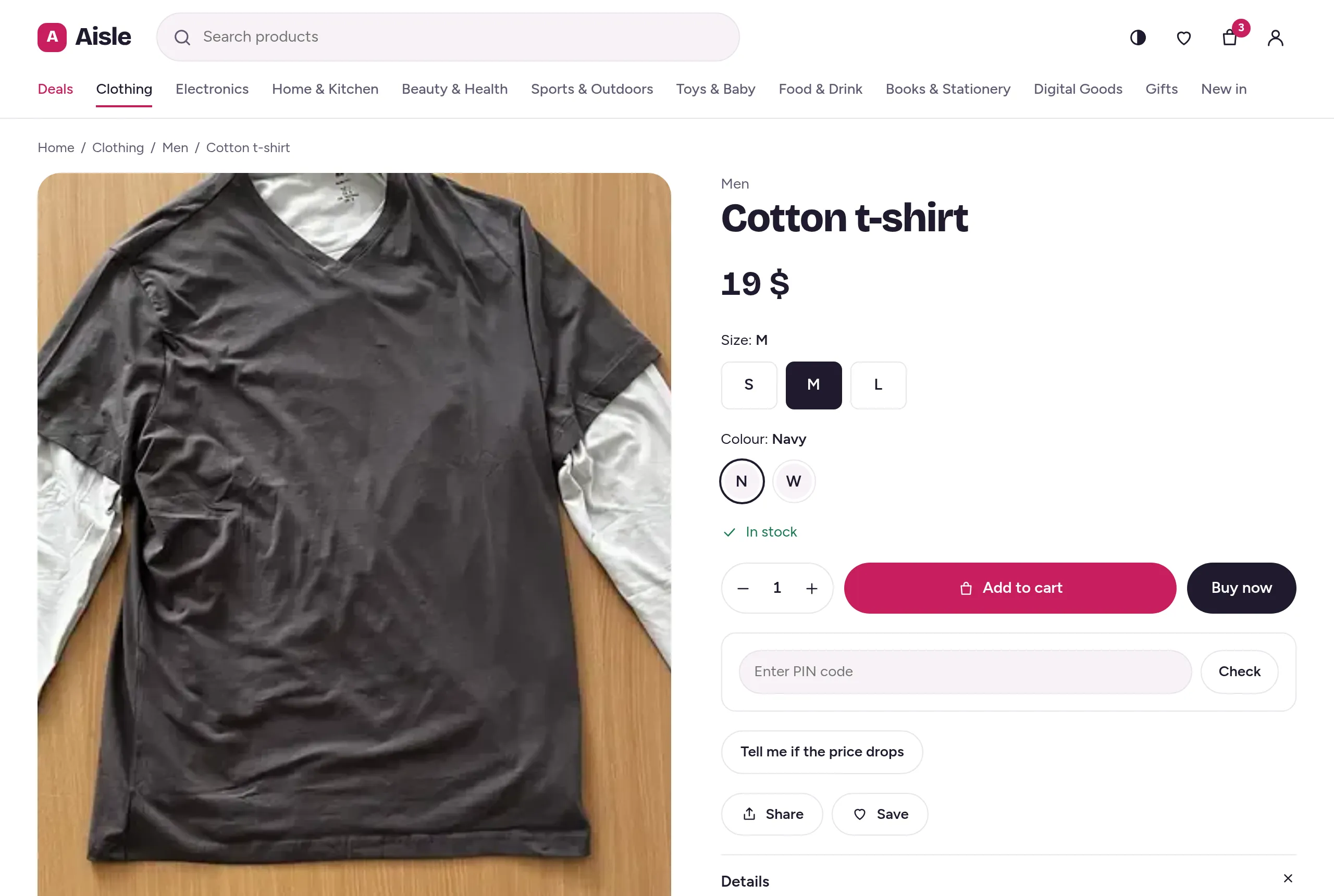 A product page in Aisle: a cotton t-shirt with size and colour choices and an Add to cart button.