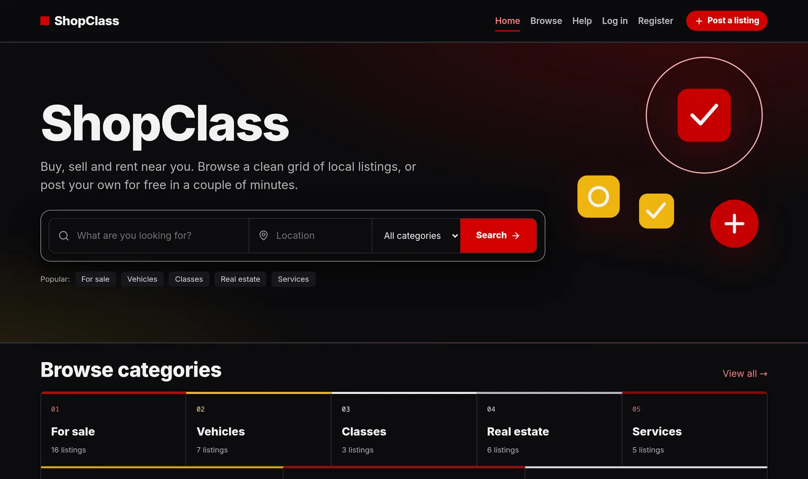 The same home page with the child theme: near-black background, red buttons, yellow accents and the Inter font.