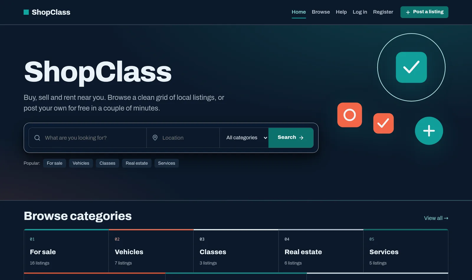 The ShopClass home page in Storefront’s own dark mode: navy background, teal buttons and coral accents.