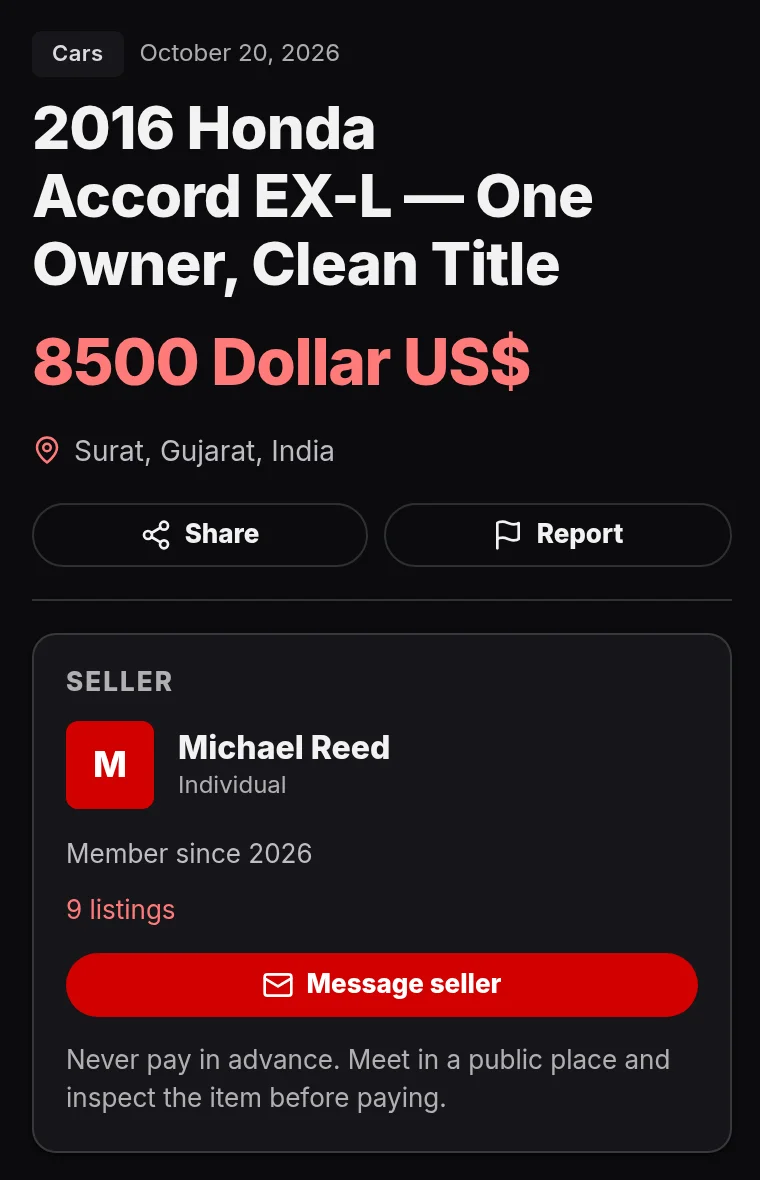 A listing page with the child theme: pill-shaped Share and Report buttons, and a red pill Message seller button.