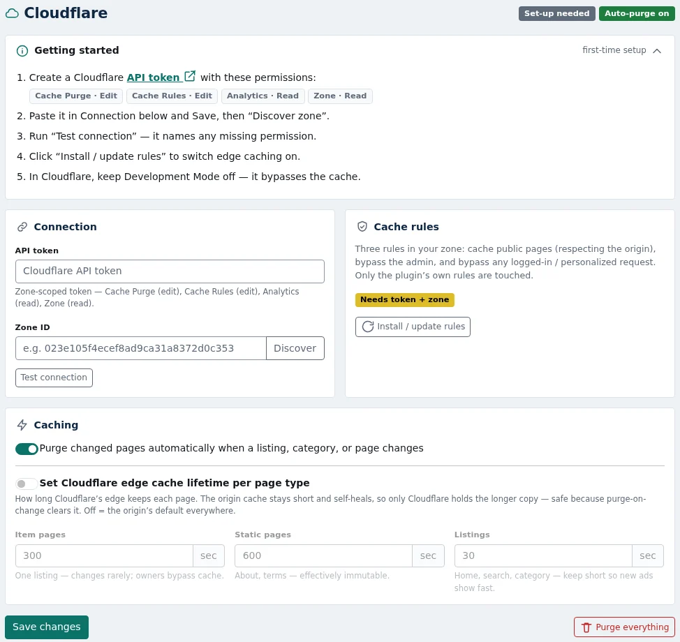 The Cloudflare plugin settings page in the ShopClass admin: setup steps, a Connection card for the API token and zone ID, a Cache rules card with an Install button, and caching options with automatic purge switched on.
