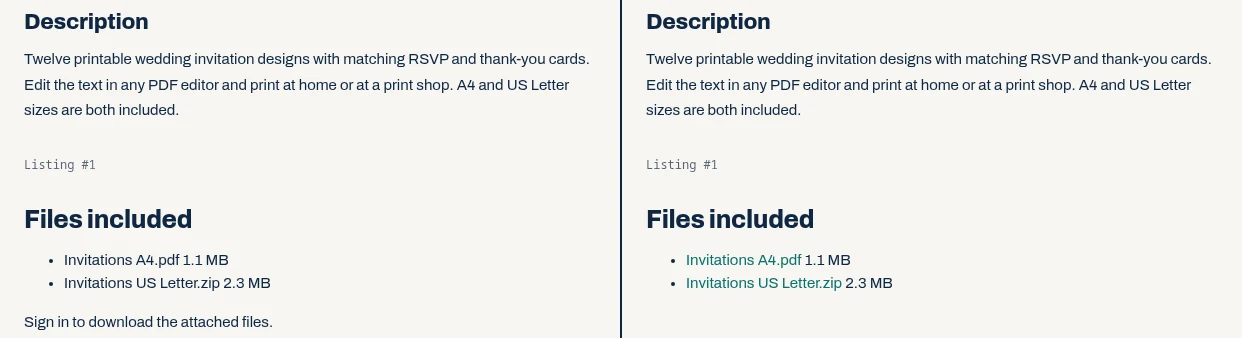 Two views of a listing's Files included box. Signed out: two file names with sizes and the note Sign in to download the attached files. Signed in: the same two names as download links.