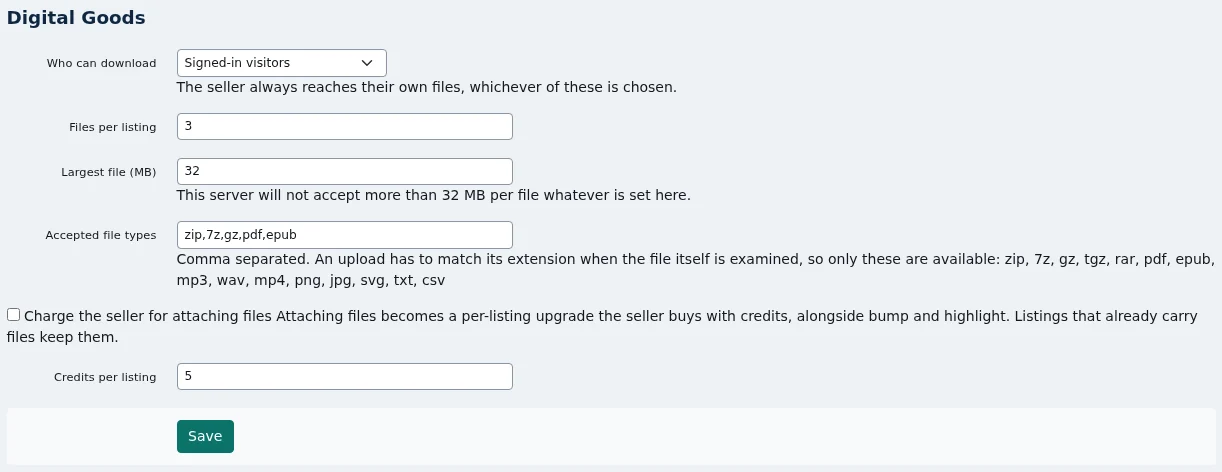 The Digital Goods settings page in the ShopClass admin: who can download, files per listing, largest file in MB, accepted file types, and the option to charge sellers credits for attaching files.