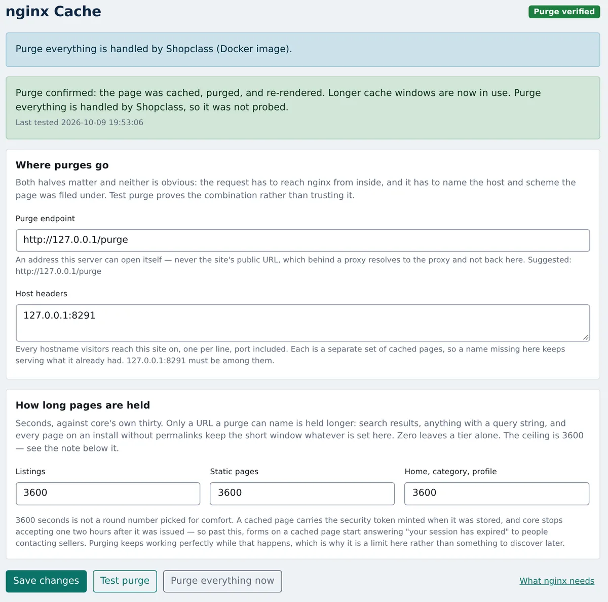 The nginx Cache settings page after a passing Test purge. A green “Purge verified” badge is at the top, with the purge endpoint, the host headers and three fields that hold listings, static pages and home pages for 3,600 seconds.
